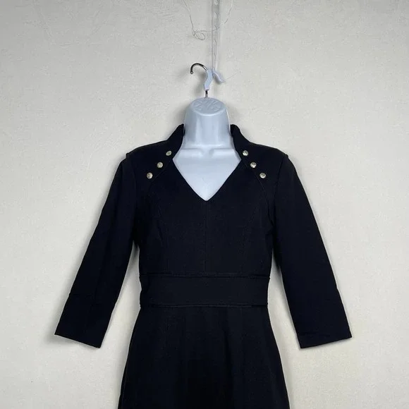 Ponte Knit White House Black Market Black Dress, Military Goldtone Buttons, Sz 2 - Picture 4 of 16
